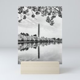 Cherry Blossom in Washington DC Tidal Basin with Washington Monument black and white  Mini Art Print