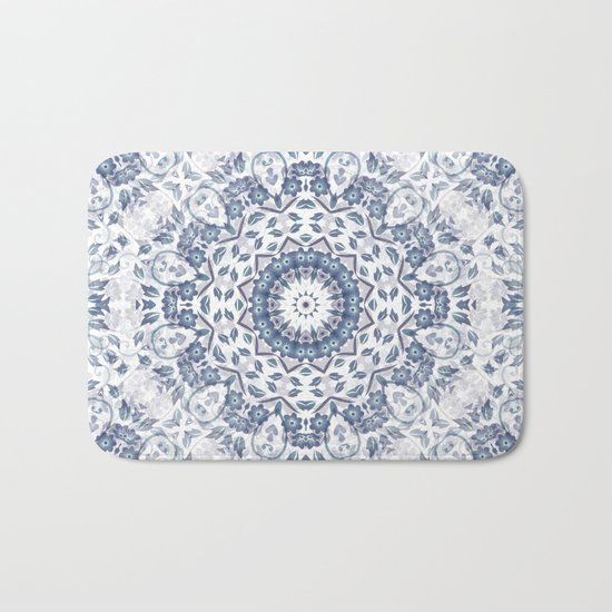 Grayish Blue White Flowers Mandala Bath Mat