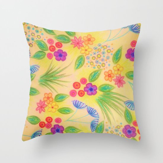 WILDFLOWER FANCY 1 - Cheerful Yellow Lovely Floral Garden Pattern Girly Feminine Trendy Flowers Throw Pillow