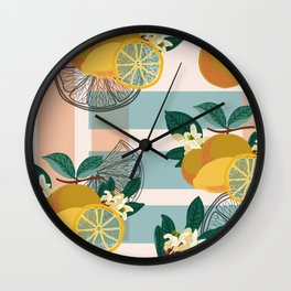 Citrus grove II Wall Clock | Oranges, Peach, Pattern, Handdrawn, Lemons, Fruity, Blue, Patterndesign, Digital, Graphicdesign 