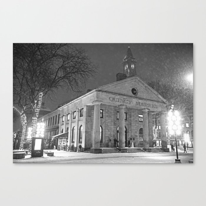 Faneuil Hall Quincy Market Snowstorm Boston Massachusetts Black and White Canvas Print