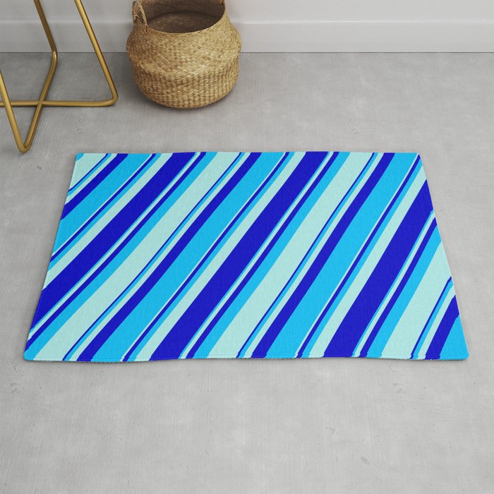 Turquoise, Blue, and Deep Sky Blue Colored Pattern of Stripes Rug