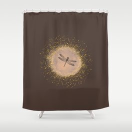 Sketched Dragonfly and Gold Circle Frame on Dark Brown Shower Curtain