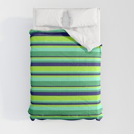 [ Thumbnail: Aquamarine, Sea Green, Midnight Blue & Light Green Colored Stripes Pattern Comforter ]