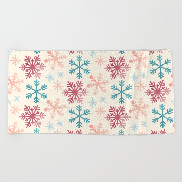 Christmas Pattern Watercolor Snowflake Pink Blue Beach Towel