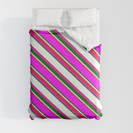 [ Thumbnail: Mint Cream, Crimson, Fuchsia & Dark Green Colored Striped/Lined Pattern Comforter ]