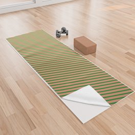 [ Thumbnail: Forest Green and Dark Salmon Colored Striped Pattern Yoga Towel ]