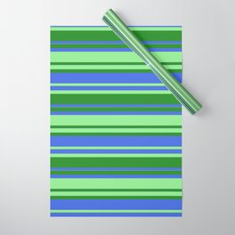 [ Thumbnail: Forest Green, Royal Blue & Light Green Colored Striped Pattern Wrapping Paper ]