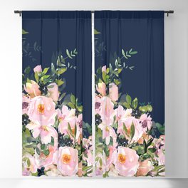Boho, Floral Watercolor, Roses, Navy Blue and Pink Blackout Curtain