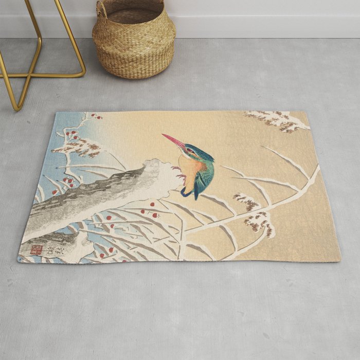 Kingfisher Stalking Fish - Japanese Vintage Woodblock Print Art Rug