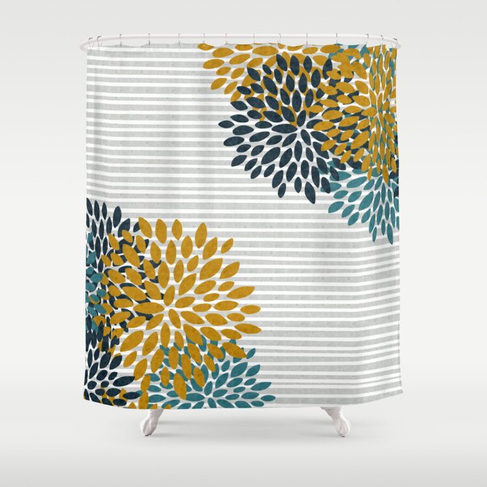 Fl Blooms And Stripes Navy Blue, Teal Yellow Gray Shower Curtain