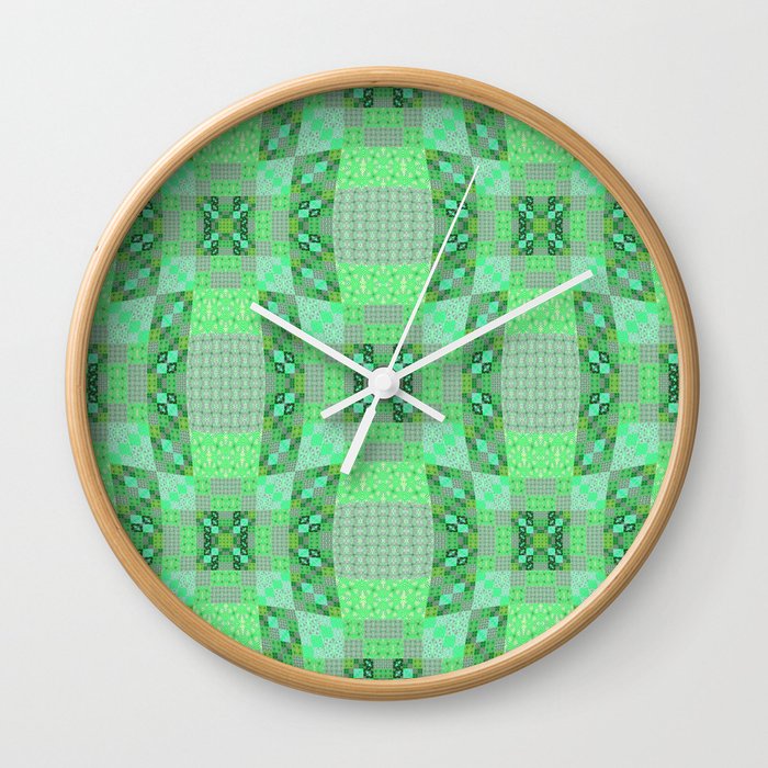 Adorable Geometric Quilt in Retro Lime and Grey Wall Clock