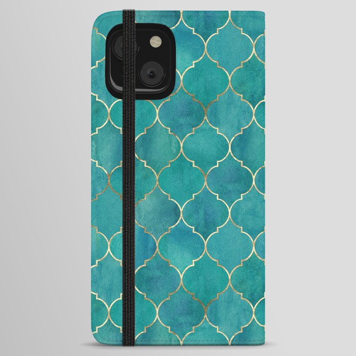 Turquoise Teal Golden Moroccan Quatrefoil Pattern iPhone Wallet Case