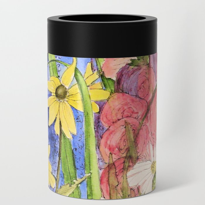 Cottage Garden Delphinium and Hollyhocks Watercolor Can Cooler