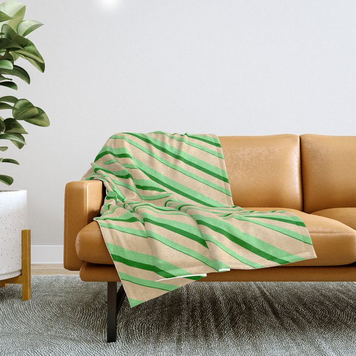 Tan, Light Green, and Green Colored Lined/Striped Pattern Throw Blanket