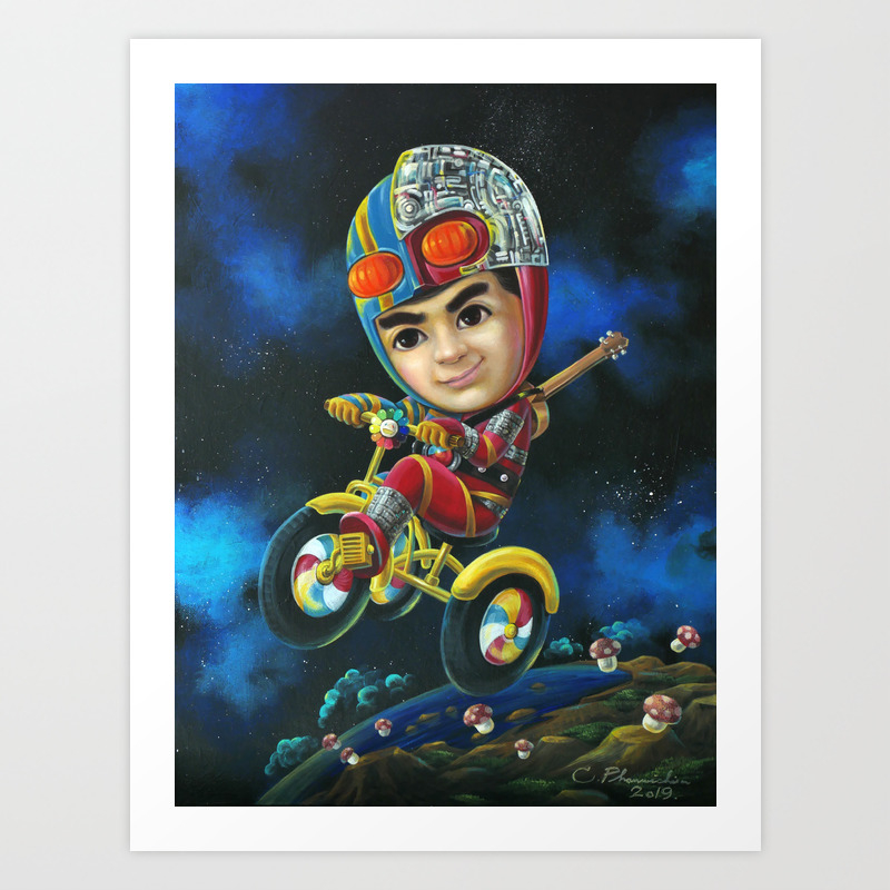 Super Rider The Boy Ride The Bicycle In The Space Hand Painted