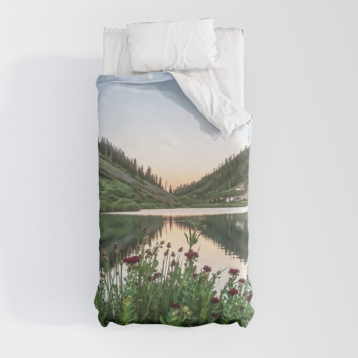 Natures Bouquet // Green and Red Floral Foreground Mountain and Moon Reflection Duvet Cover