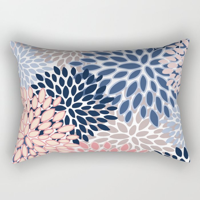 Floral Blooms, Pink, Blue, Gray Rectangular Pillow