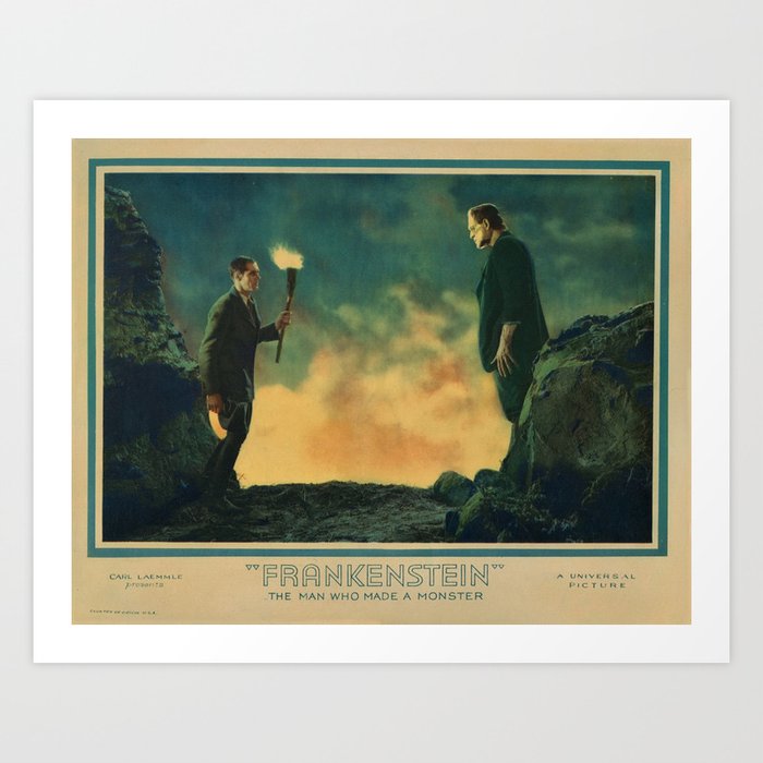 1931 Vintage colored movie theatre lobby card for Frankenstein, featuring Colin Clive and Boris Karloff poster Art Print