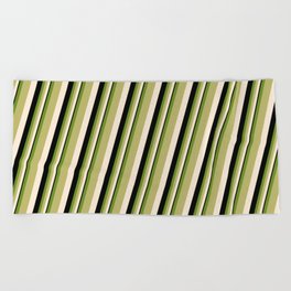 [ Thumbnail: Green, Dark Khaki, Beige & Black Colored Stripes/Lines Pattern Beach Towel ]