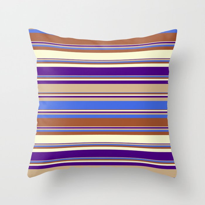 Eyecatching Tan, Royal Blue, Sienna, Light Yellow, and Indigo Colored Lines Pattern Throw Pillow