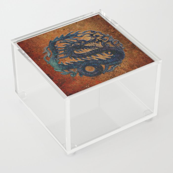 Blue Chinese Dragon on Stone Background Acrylic Box
