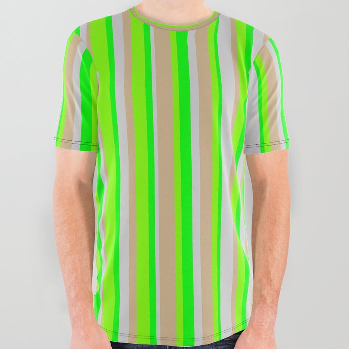Tan, Chartreuse, Lime & Light Grey Colored Striped/Lined Pattern All Over Graphic Tee