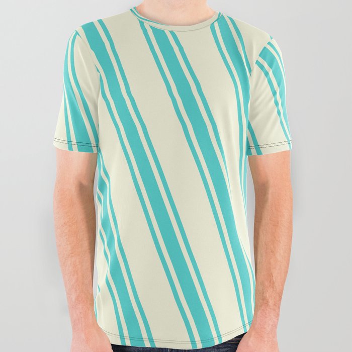 Beige and Turquoise Colored Lined/Striped Pattern All Over Graphic Tee