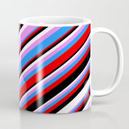 [ Thumbnail: Eyecatching Violet, Blue, Red, Black & White Colored Lines Pattern Coffee Mug ]
