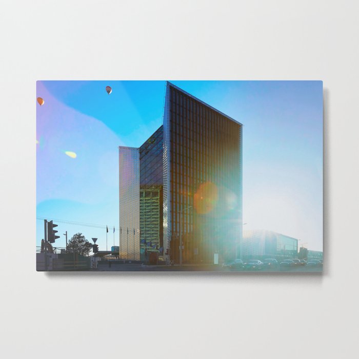 Air balloons and architecture of modern steel and glass skyscraper Metal Print