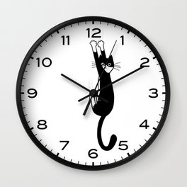 Black and White Cat Hanging On | Funny Tuxedo Cat Wall Clock