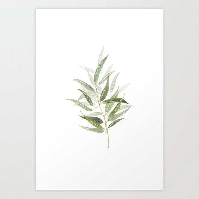 Minimalist watercolor painting tree branch with leaves Art Print