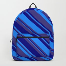 [ Thumbnail: Dark Slate Blue, Dark Blue & Blue Colored Stripes Pattern Backpack ]