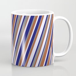 [ Thumbnail: Lavender, Midnight Blue, Gray, and Sienna Colored Lined/Striped Pattern Coffee Mug ]