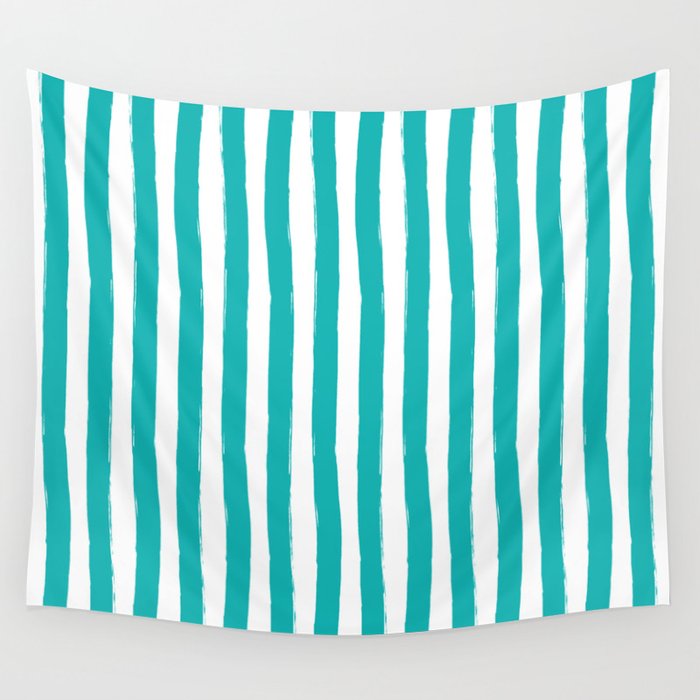 Turquoise and White Cabana Stripes Palm Beach Preppy Wall Tapestry