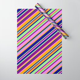 [ Thumbnail: Colorful Light Green, Purple, Violet, Orange & Dark Blue Colored Lines/Stripes Pattern Wrapping Paper ]
