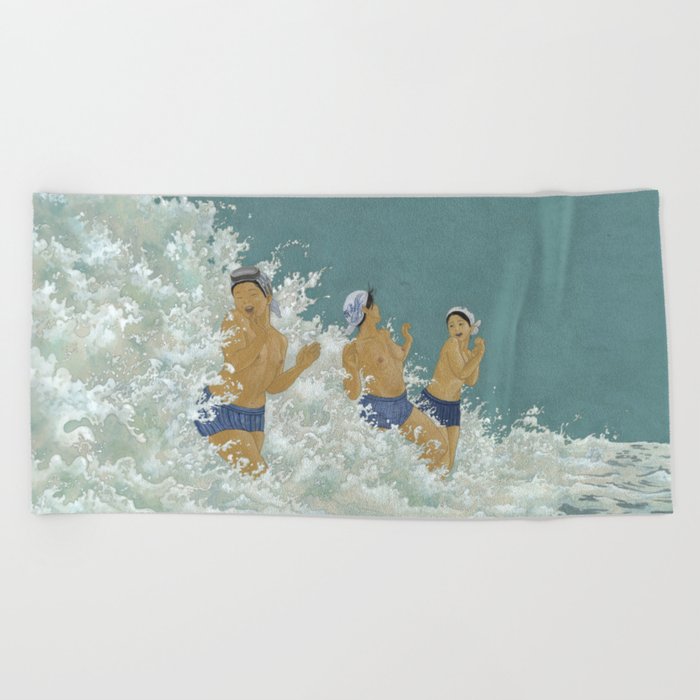 Three Ama Enveloped In A Crashing Wave Beach Towel