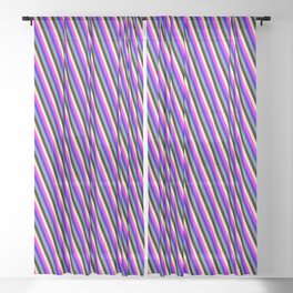 [ Thumbnail: Eyecatching Pale Goldenrod, Fuchsia, Blue, Slate Gray & Black Colored Lines Pattern Sheer Curtain ]