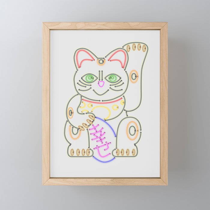 Maneki-Neko Neon – Good Luck Framed Mini Art Print
