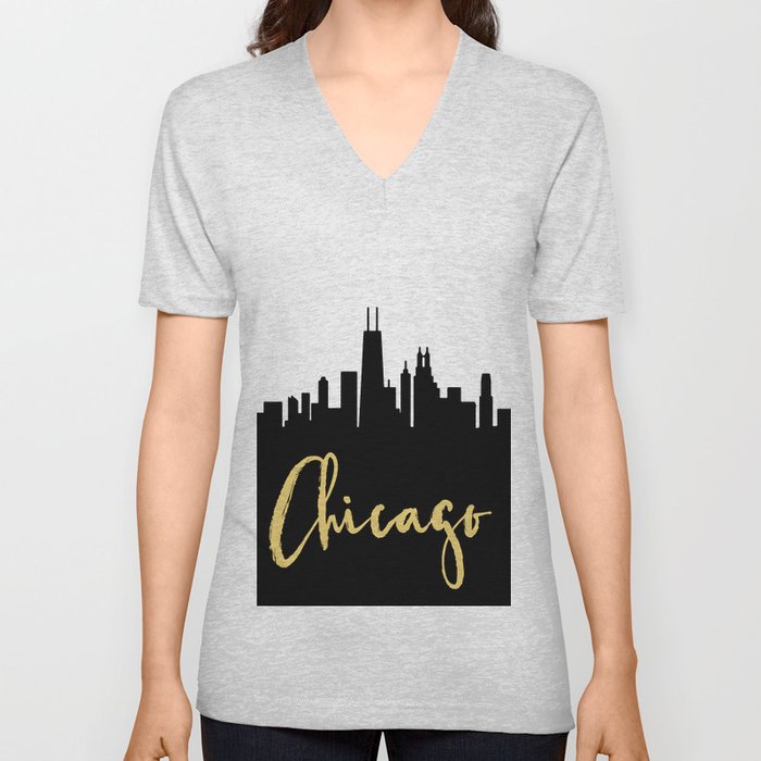 CHICAGO ILLINOIS DESIGNER SILHOUETTE SKYLINE ART V Neck T Shirt