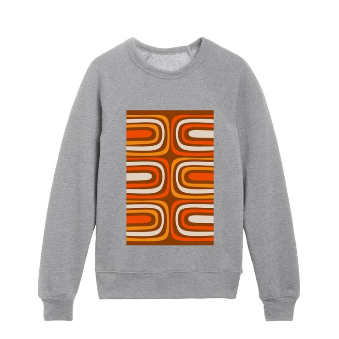 Midcentury Modern Confaab Abstract Vertical Pattern in Retro 70s Light Brown and Orange Kids Crewneck