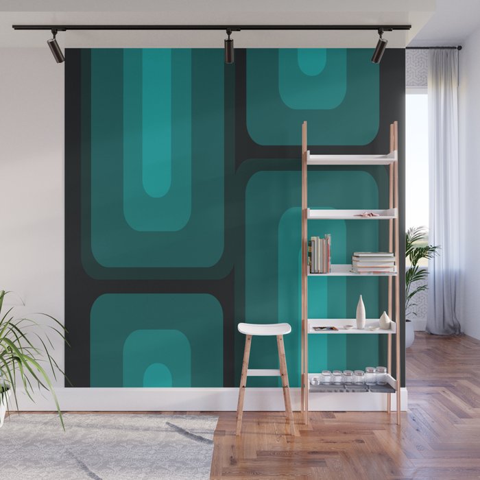 Mid Century Modern Long Rectangles Dark Teal Wall Mural by Kay