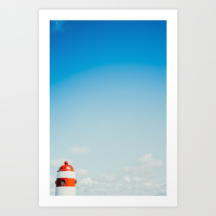 Red White Lighthouse - Minimal Nautical Blue Art Art Print