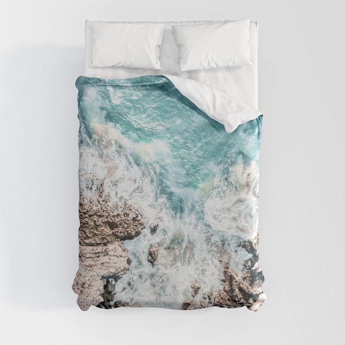 Ocean Coastal Print, Aerial Beach Print, Summer Home Decor Wall Art, Beach Umbrellas, Portugal Print Duvet Cover
