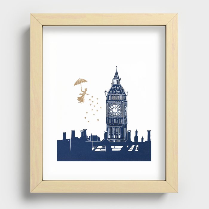 Mary Poppins and Big Ben linocut Recessed Framed Print