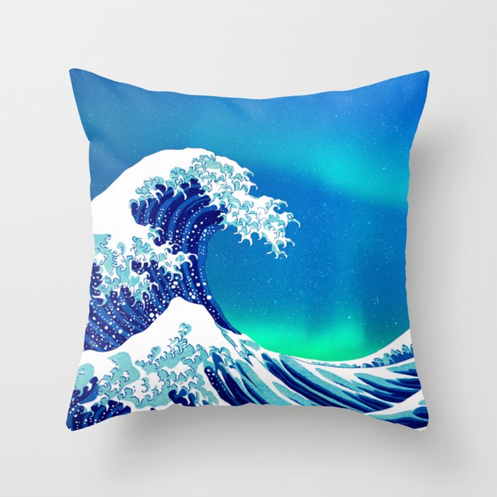 The Big Wave - Vintage Japanese Wave With Aurora Borealis  Throw Pillow