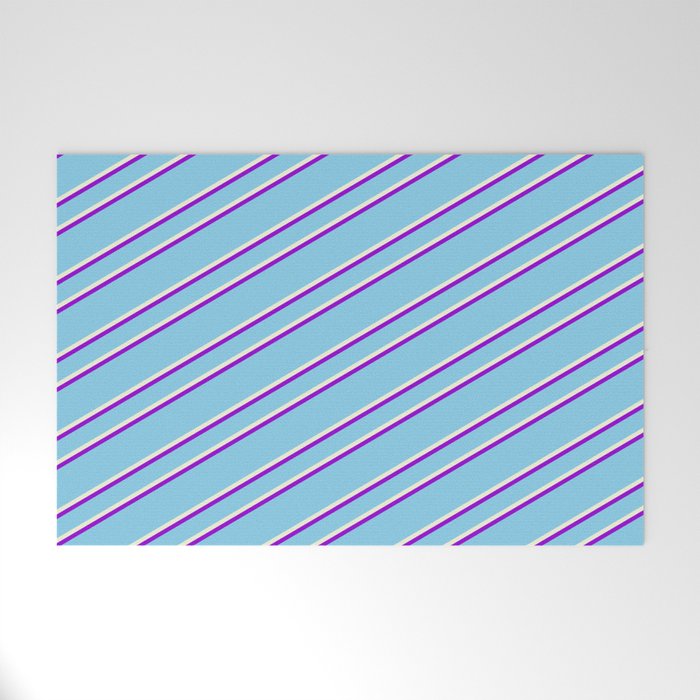 Sky Blue, Beige, and Dark Violet Colored Pattern of Stripes Welcome Mat