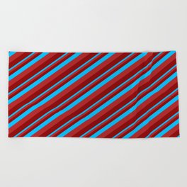 [ Thumbnail: Deep Sky Blue, Red & Dark Red Colored Lines Pattern Beach Towel ]