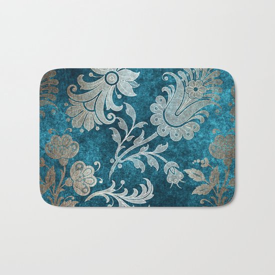 Aqua Teal Vintage Floral Damask Pattern Bath Mat