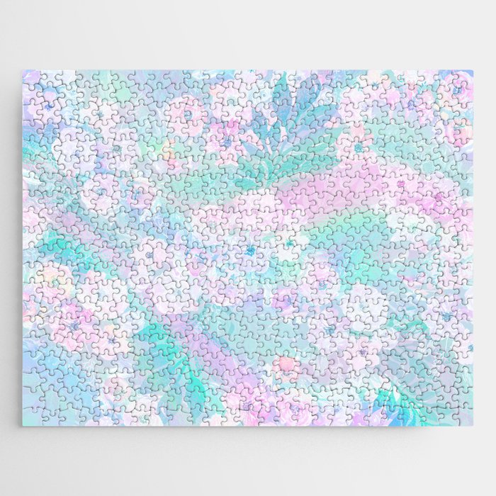 Pink teal lavender watercolor ombre floral Jigsaw Puzzle